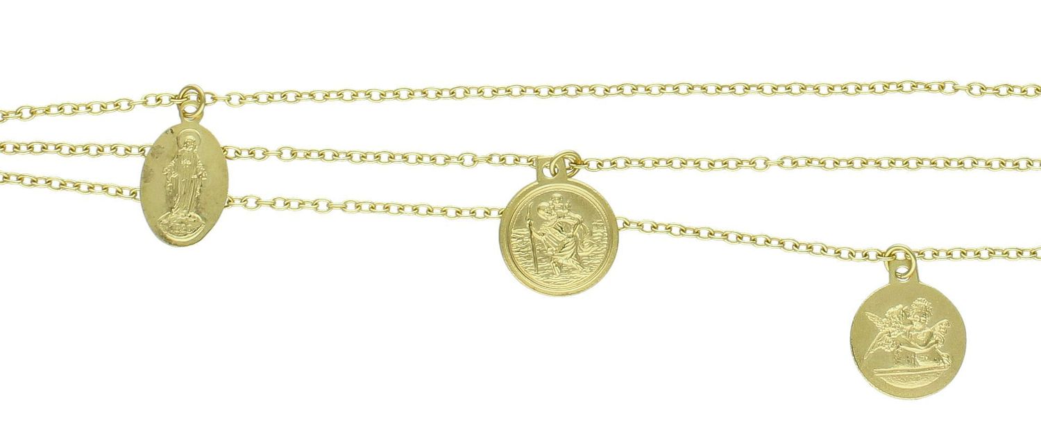 Bransoletka złota z medalikami pr 585, DIA-BRA-D5Z02220 MOD Złota bransoletka damska celebrytka ozdobiona z trzema wiszącymi medalikami i krzyżem. Ponadczasowa, klasyczna biżuteria, w której harmonijne1.jpg